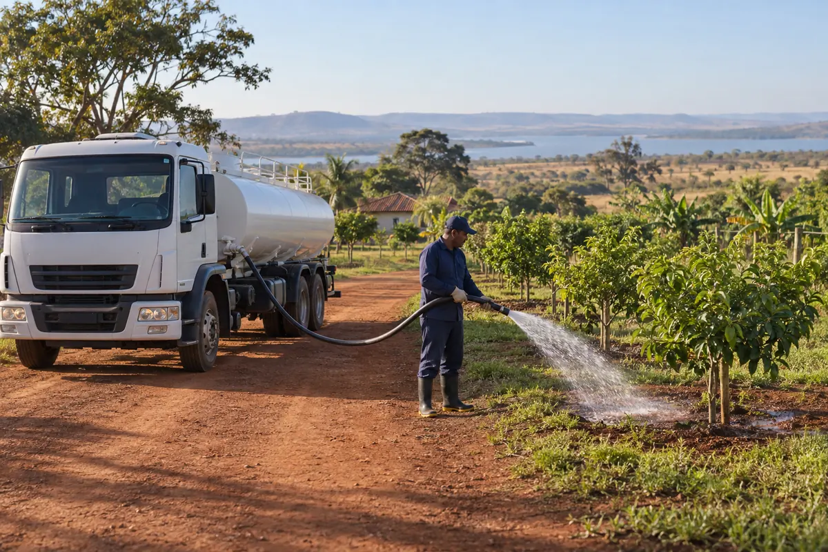 Cena ilustrativa: Operador irrigando árvores em chácara com água de caminhão pipa; serviço em Planaltina-DF.