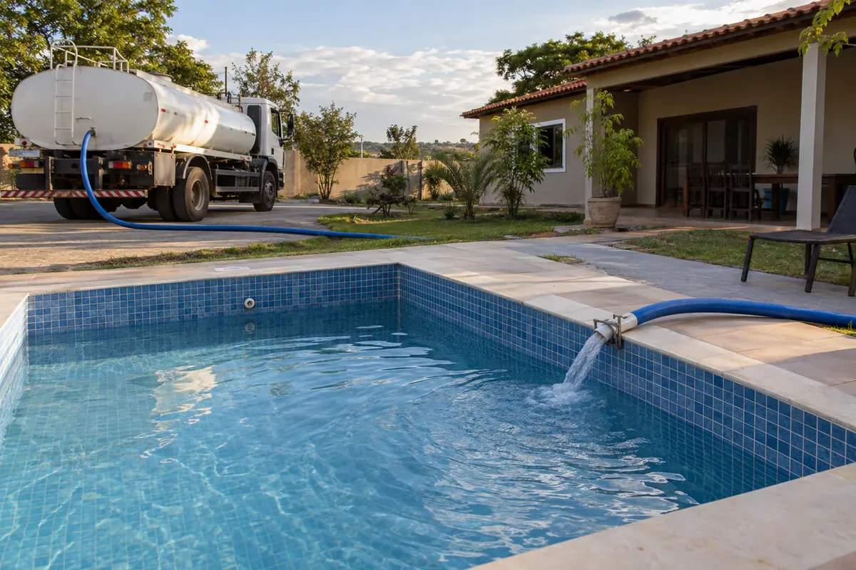 Cena ilustrativa: Caminhão pipa fornecendo água por mangueira para encher piscina; serviço em Planaltina-DF.